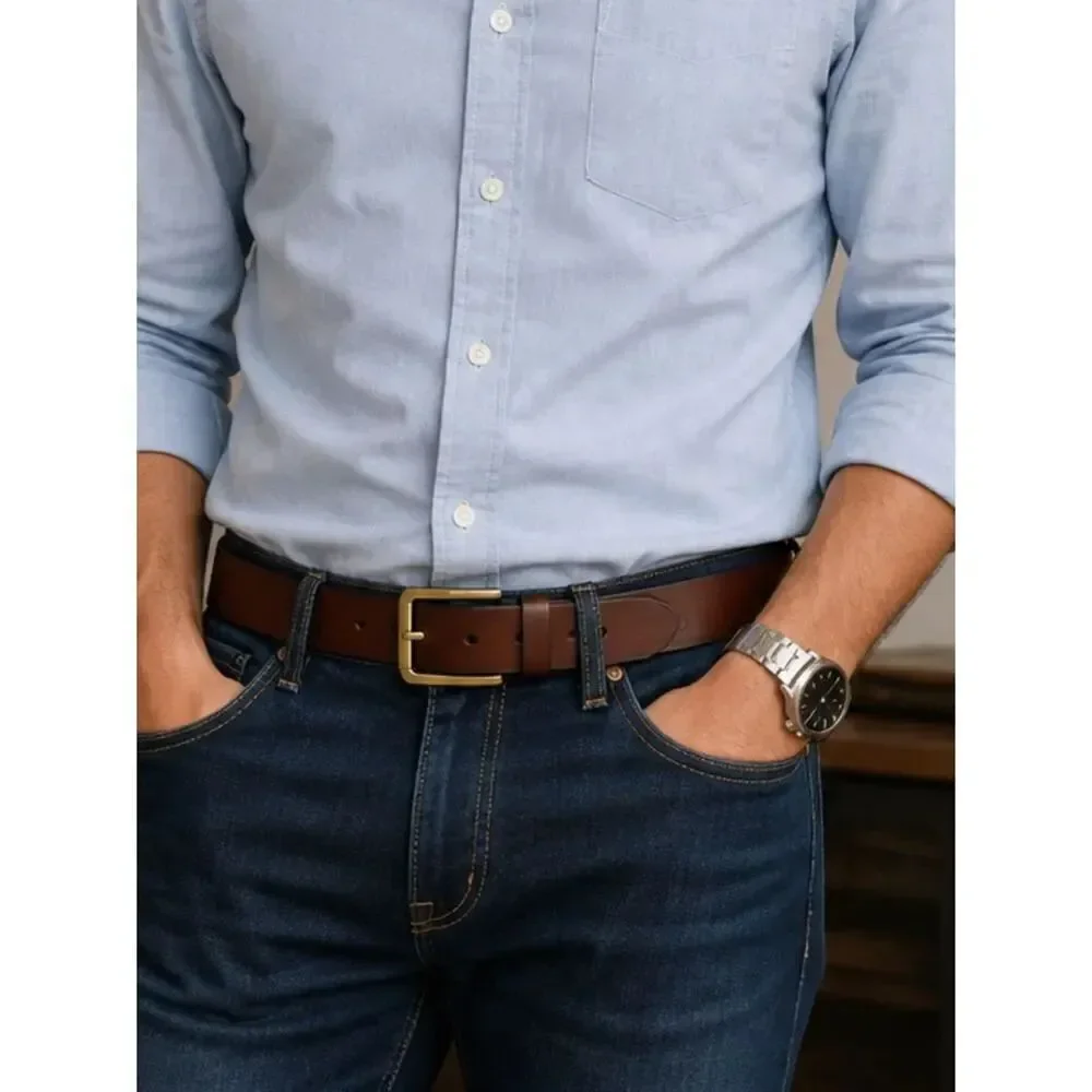 Tommy Hilfiger Brown Imitation Leather Belt Gold Buckle Classic Size 44